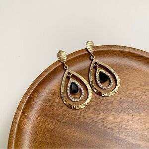 4/$15 Gold Teardrop Black Rhinestones Drop Earrings